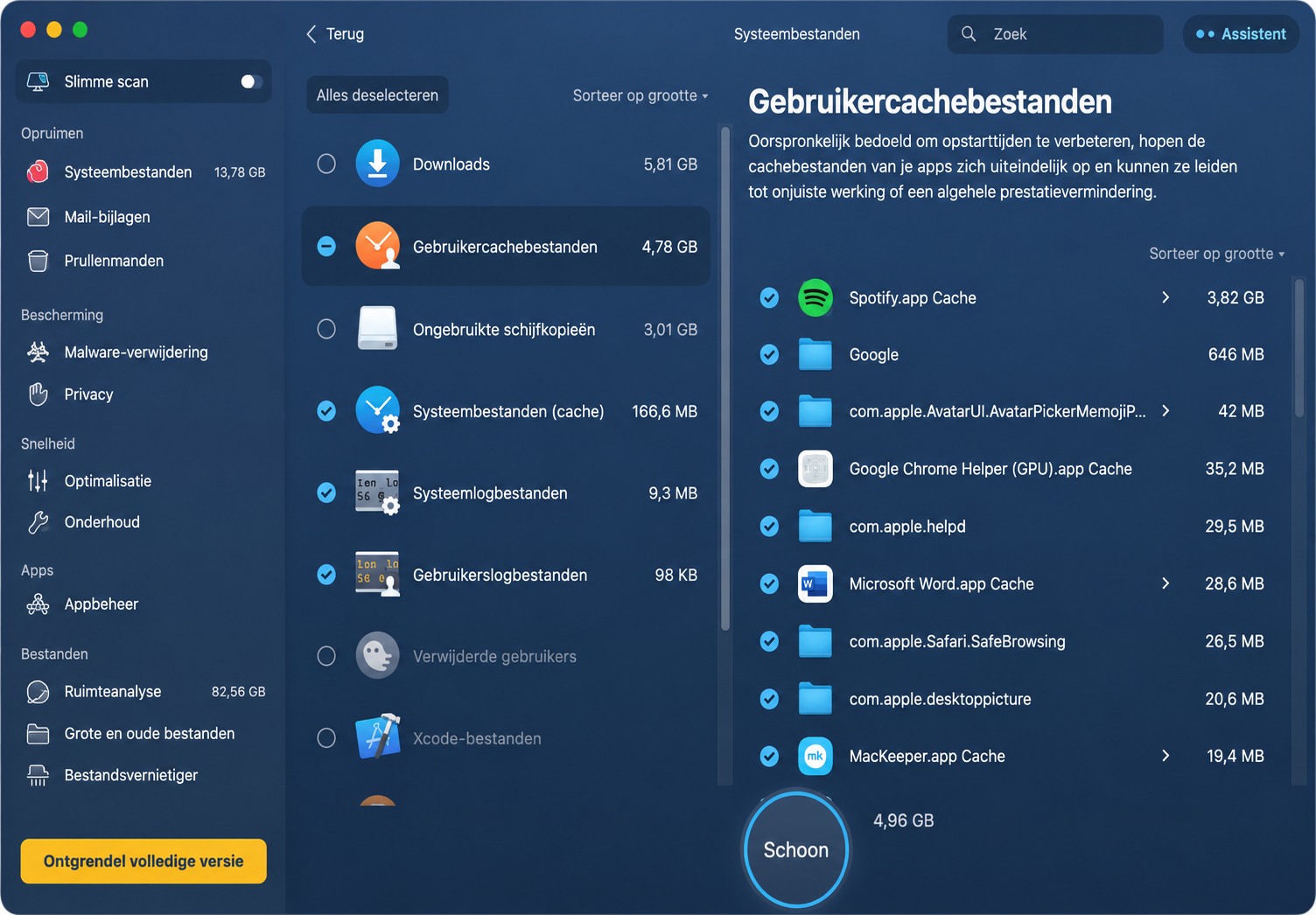 Je kunt ook zoeken naar gebruikerscachebestanden met behulp van de functie Systeemrommel (System Junk) van CleanMyMac X. Het scanresultaat verdeelt de gevonden bestanden bovendien in categorieën, zodat je de verschillende soorten rommel overzichtelijk kunt bekijken.