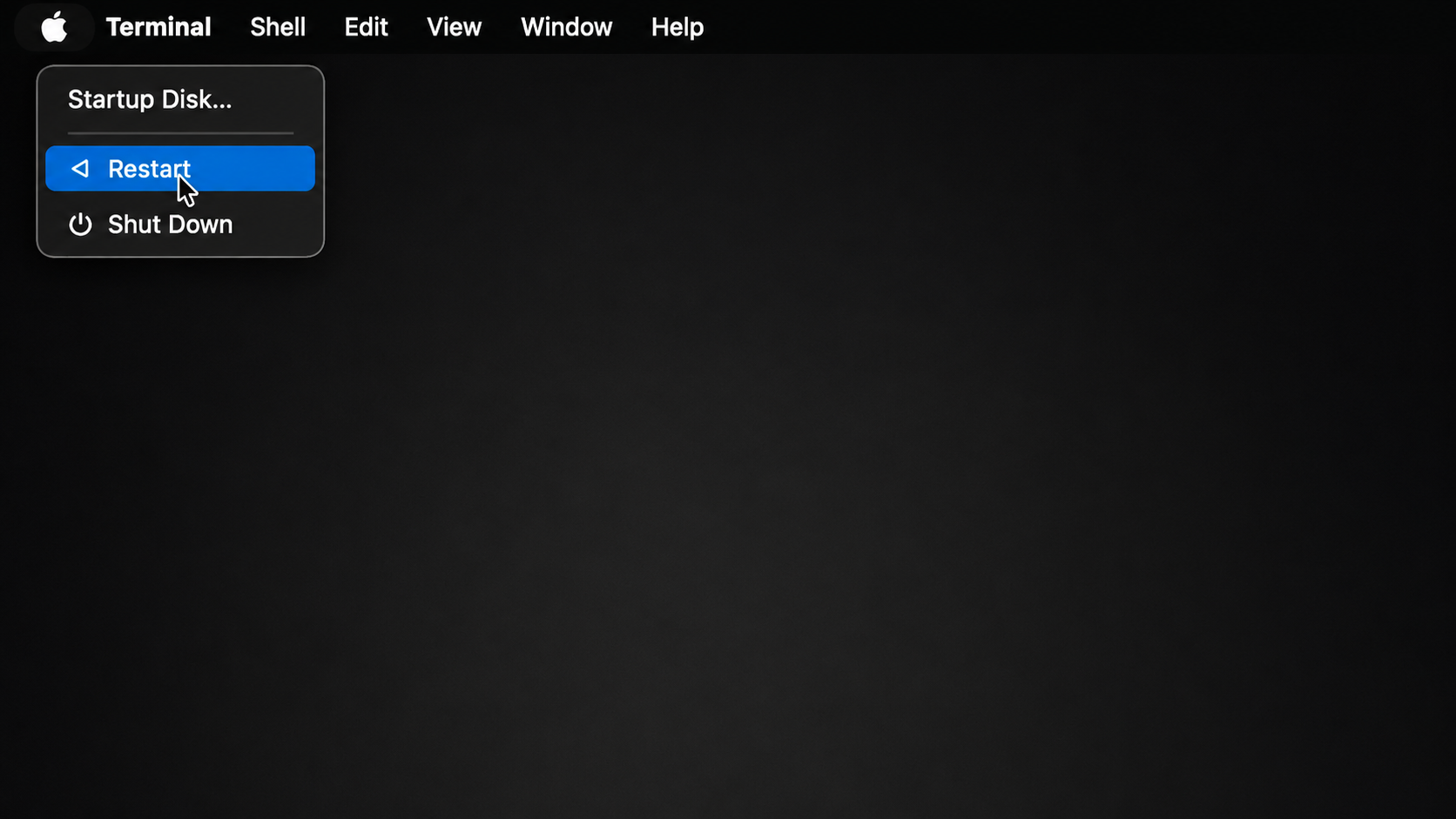 macOS Tahoe Recovery Apple menu with Restart highlighted to reboot the Mac after disabling SIP and applying your system change.