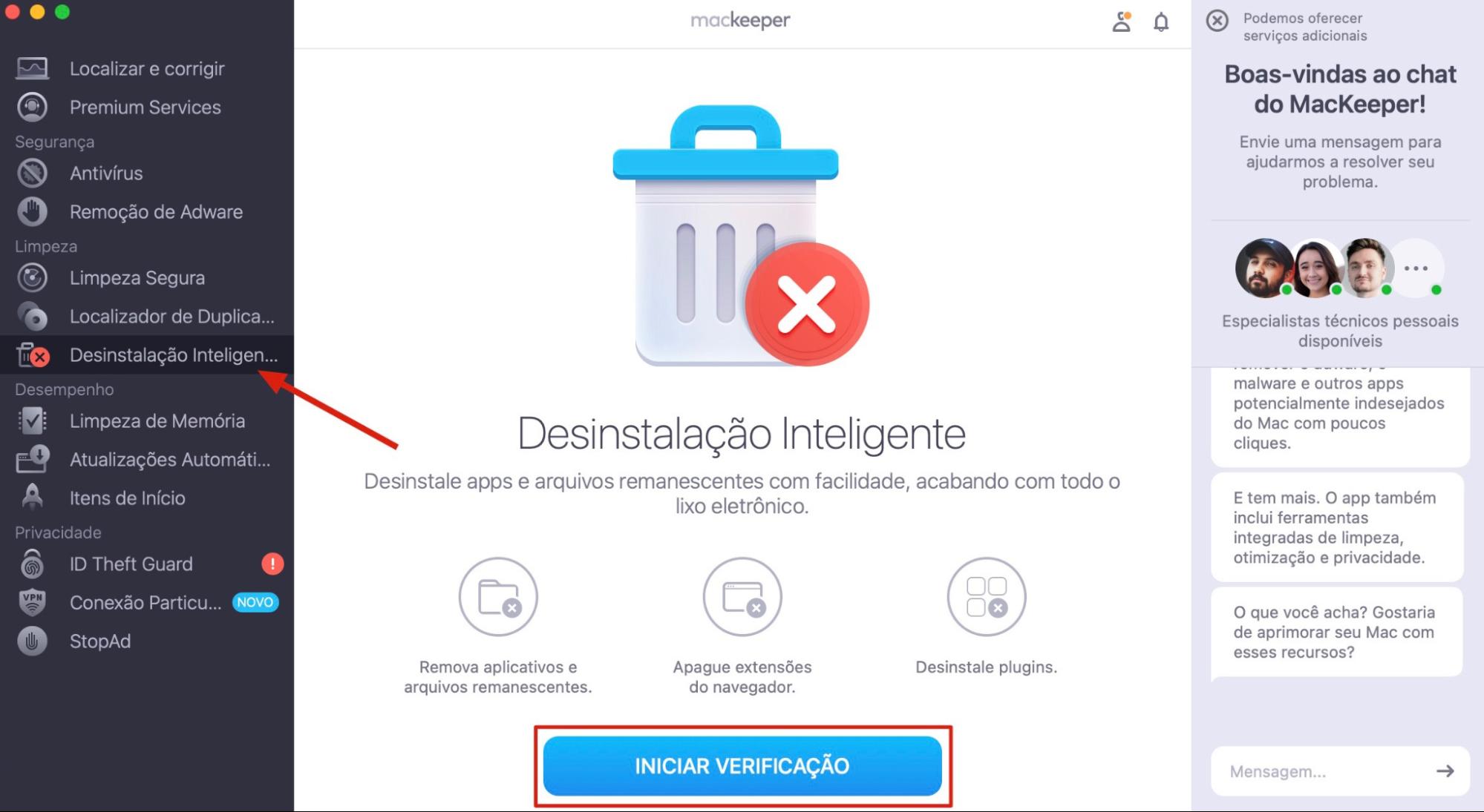 Para liberar RAM e remover aplicativos desnecessários, abra o MacKeeper, selecione Desinstalação Inteligente e clique em Iniciar Verificação.