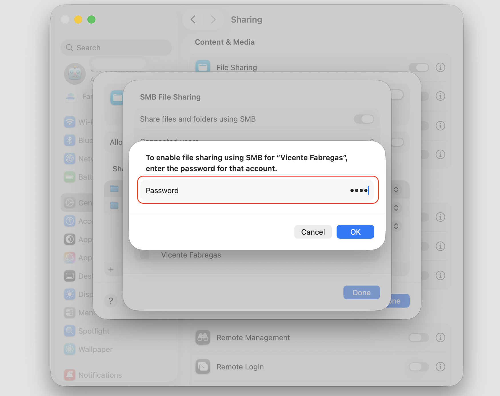 A macOS password prompt on your Mac, where you enter the user account password to enable SMB Windows file sharing for that account.