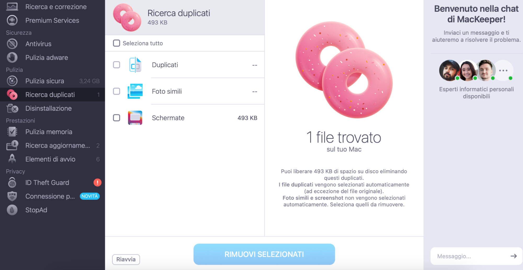 Visualizza i risultati della scansione del Duplicates Finder di MacKeeper, seleziona i file duplicati che non ti servono più e clicca su Rimuovi selezionati. Conferma la tua decisione cliccando su Rimuovi se richiesto.