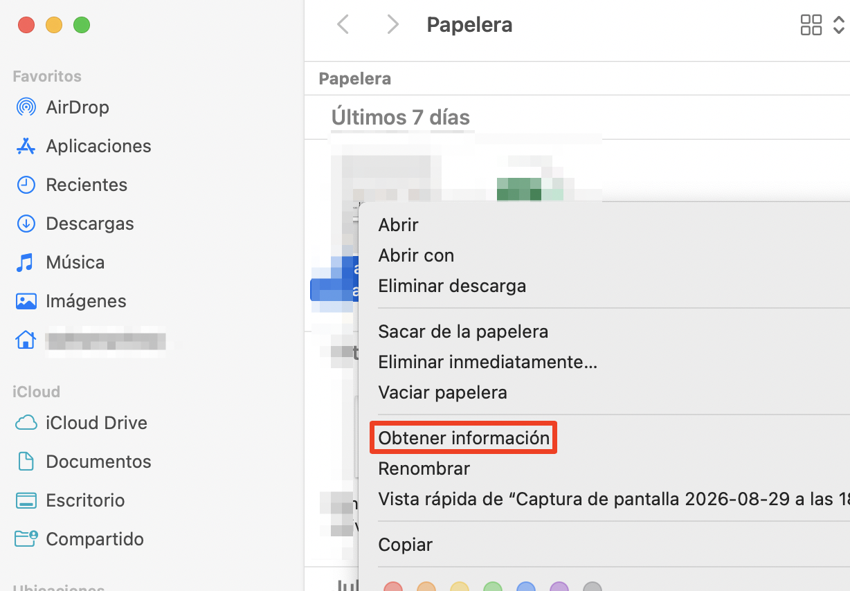 El siguiente paso si la papelera de Mac no se vacía es intentar desbloquear los archivos que no se pueden eliminar. Ve a la Papelera y selecciona Obtener información.