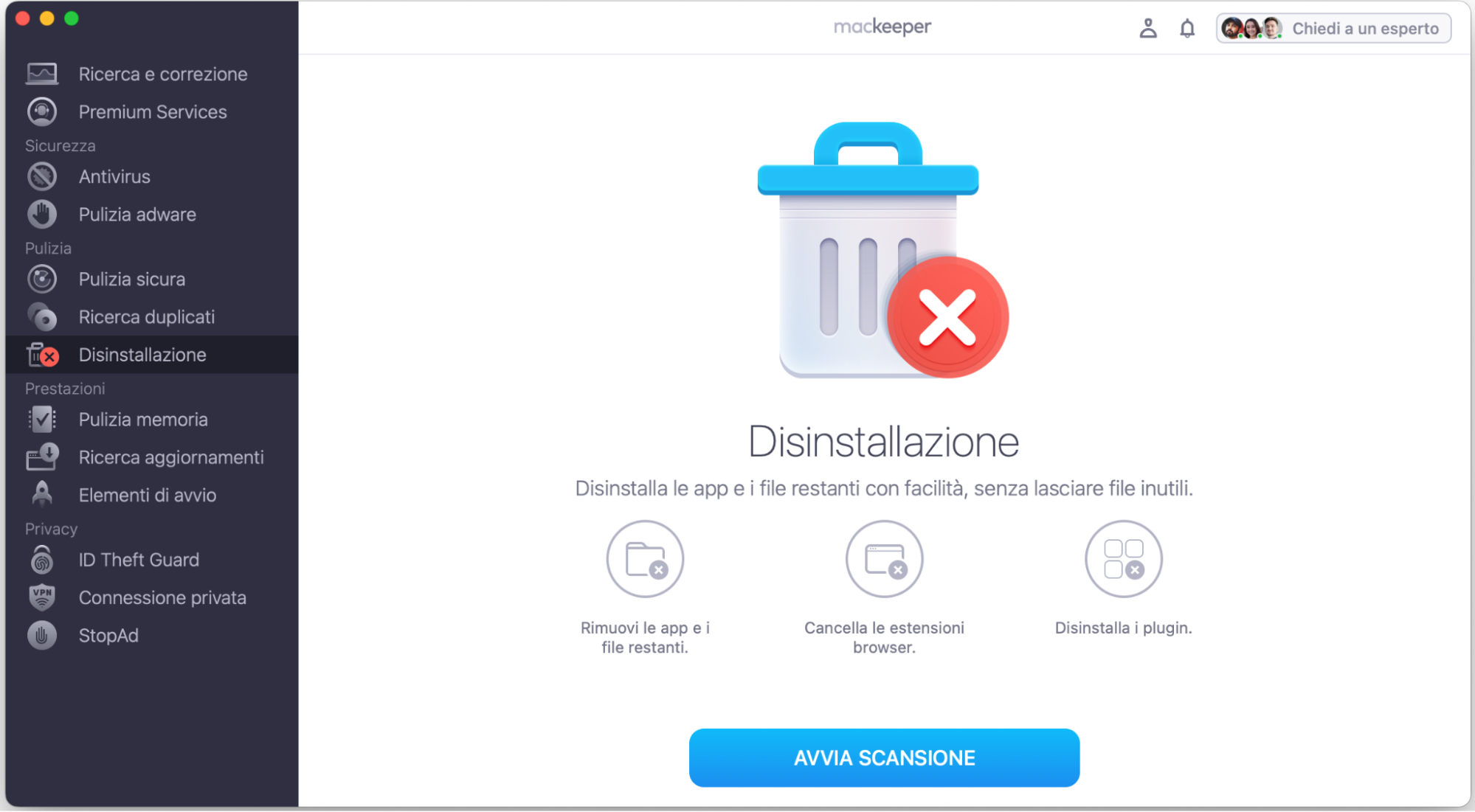 Per rimuovere le estensioni del browser in modo automatico e sicuro, usa l’app MacKeeper. Per prima cosa scaricala, installala e aprila. Poi trova Disinstallazione sulla sinistra.