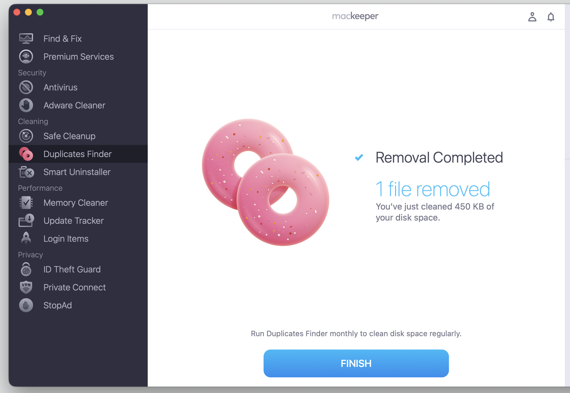 MacKeeper's Duplicates Finder results screen on an Apple computer, confirming the duplicate files were removed and storage space was freed up.