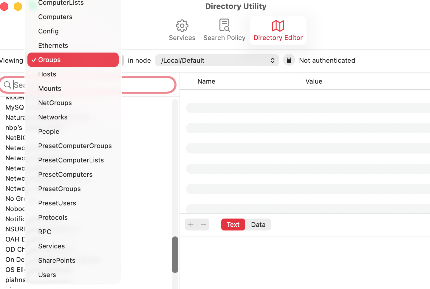 Open the Directory Utility with Spotlight, then go to the 'Directory Editor' tab. Use the 'Viewing' dropdown menu to select  Groups.