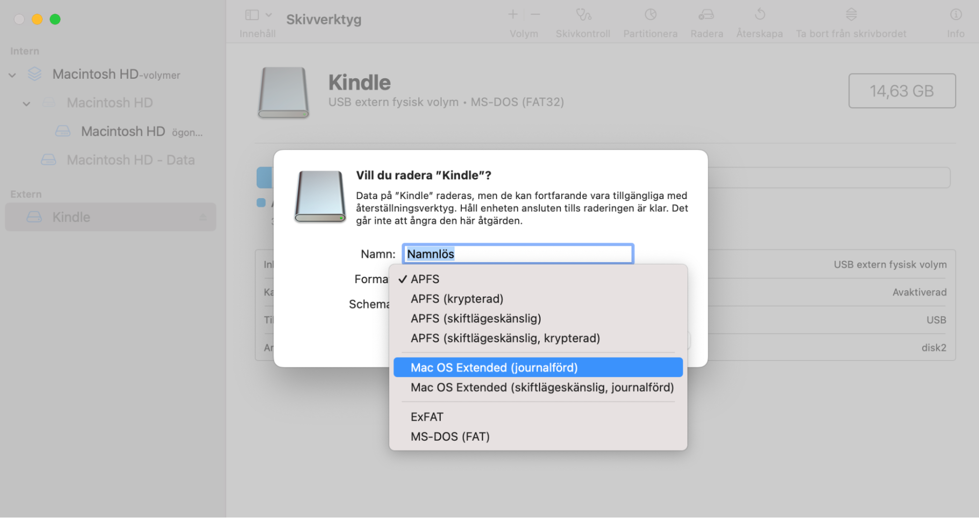 Använd nu rullistan för att välja ett diskformat som är kompatibelt med macOS. När du är klar klickar du på knappen Radera. Skivverktyg formaterar nu din enhet till ett Mac-kompatibelt diskformat, vilket raderar data på den i processen. Klicka på 'Klar' när det är färdigt.