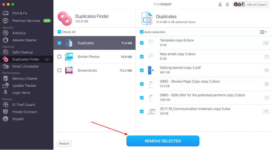 To get rid of duplicate photos using MacKeeper's Duplicates Finder on Mac, select the documents you want to remove from the Duplicates and Similar Photos folders.
