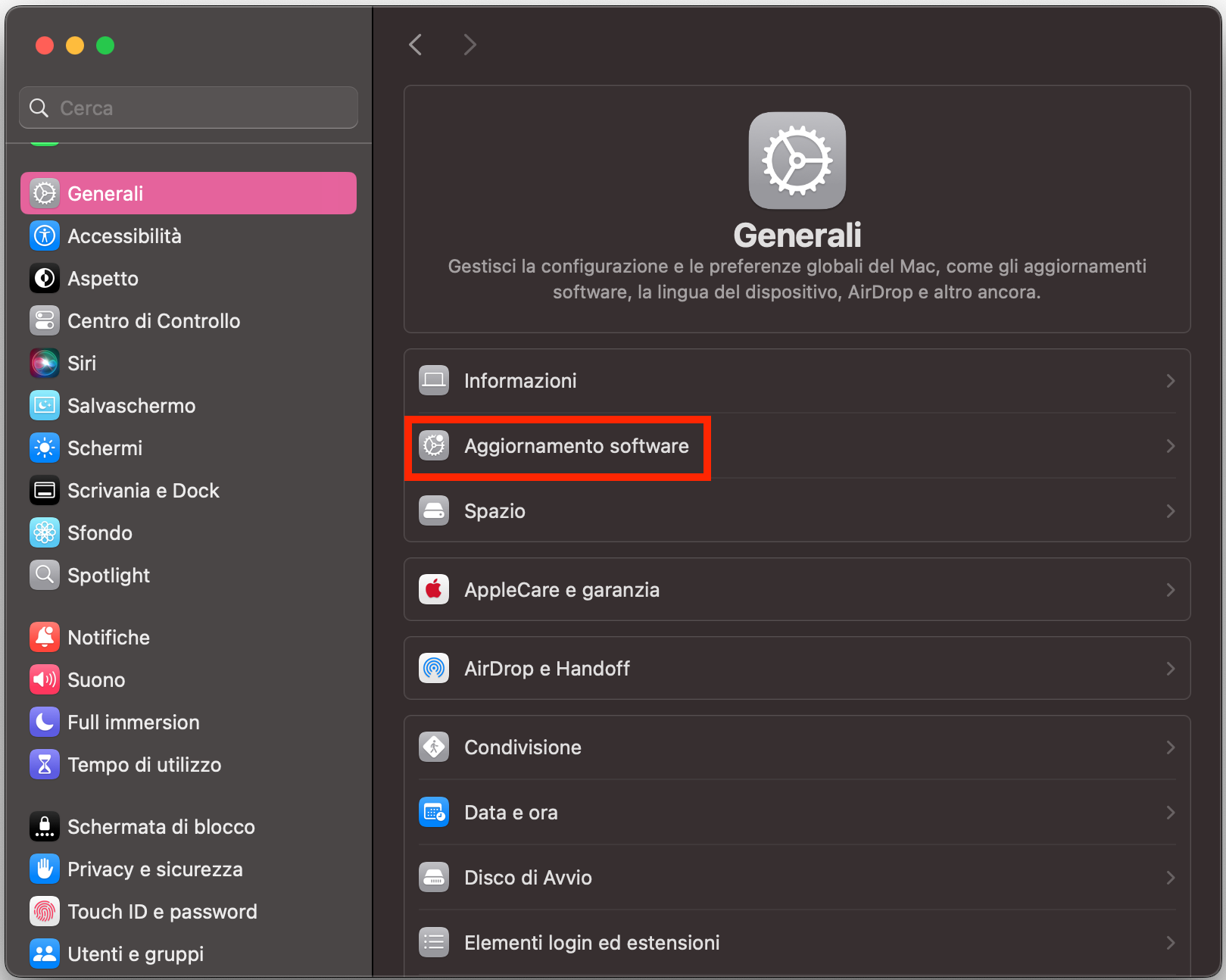L’app Impostazioni sul Mac mostra la sezione Generali. Fai clic su Aggiornamento Software per verificare se è disponibile un aggiornamento per il tuo Mac.