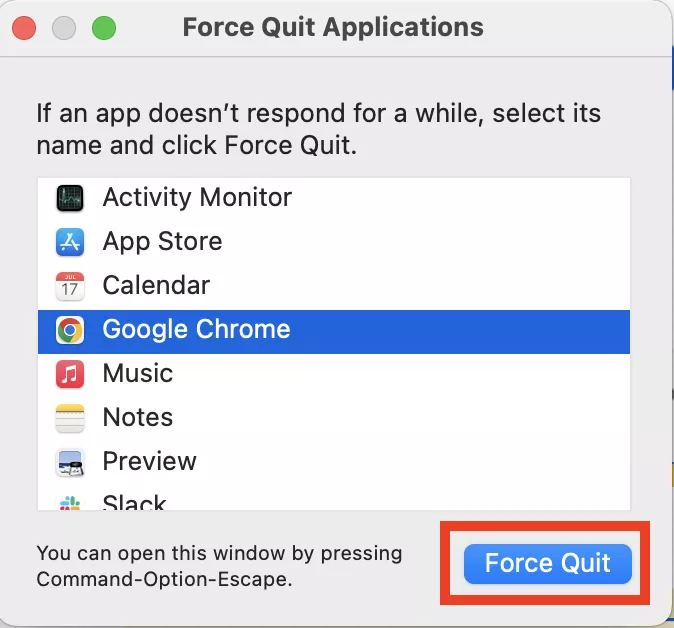 The Force Quit Applications window screenshot demonstrates how to force-quit an application on a Mac during WindowServer high memory usage troubleshooting.