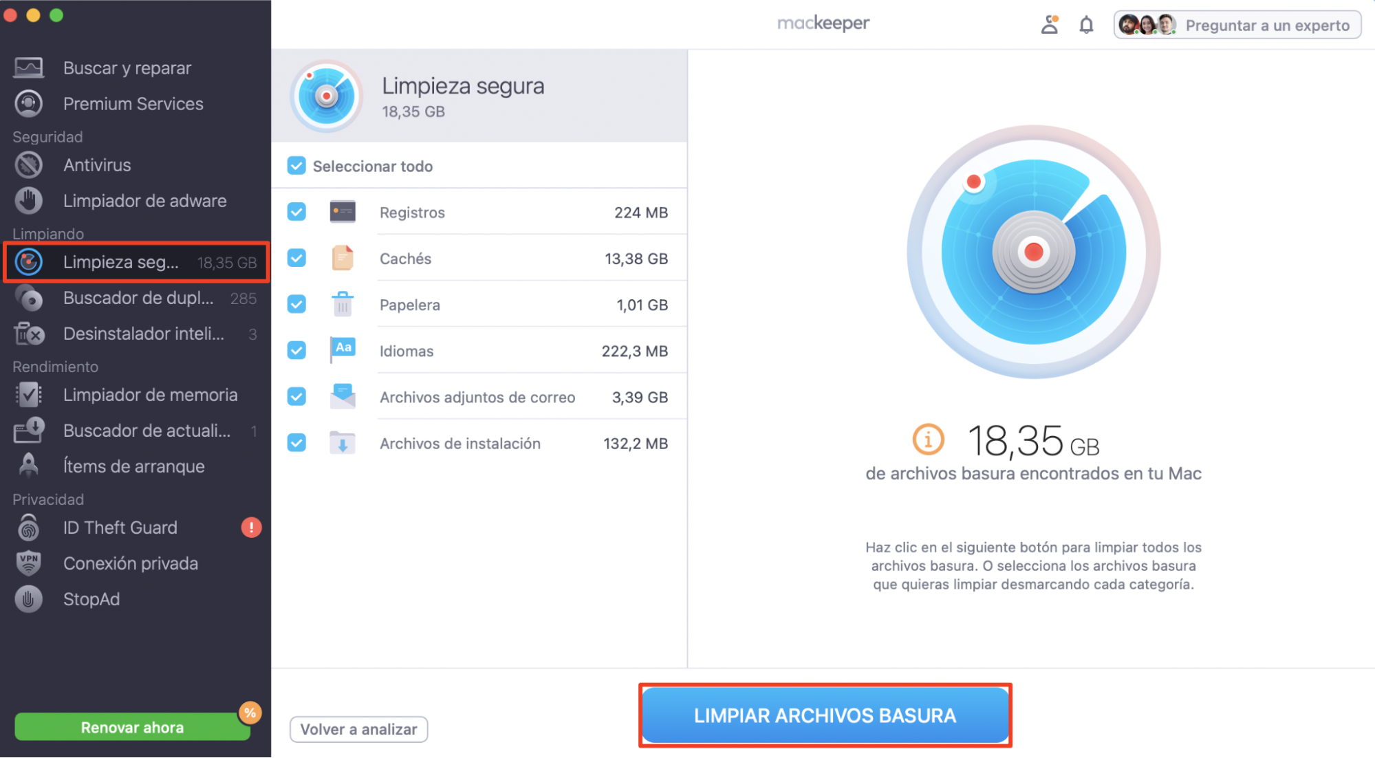Imagen que muestra los resultados de la herramienta Limpieza segura de MacKeeper en un dispositivo Mac. Prepara el ordenador para un proceso de edición de vídeo sin problemas. Imagen que muestra los resultados de la herramienta Limpieza segura de MacKeeper en un dispositivo Mac. Prepara el ordenador para un proceso de edición de vídeo sin problemas.