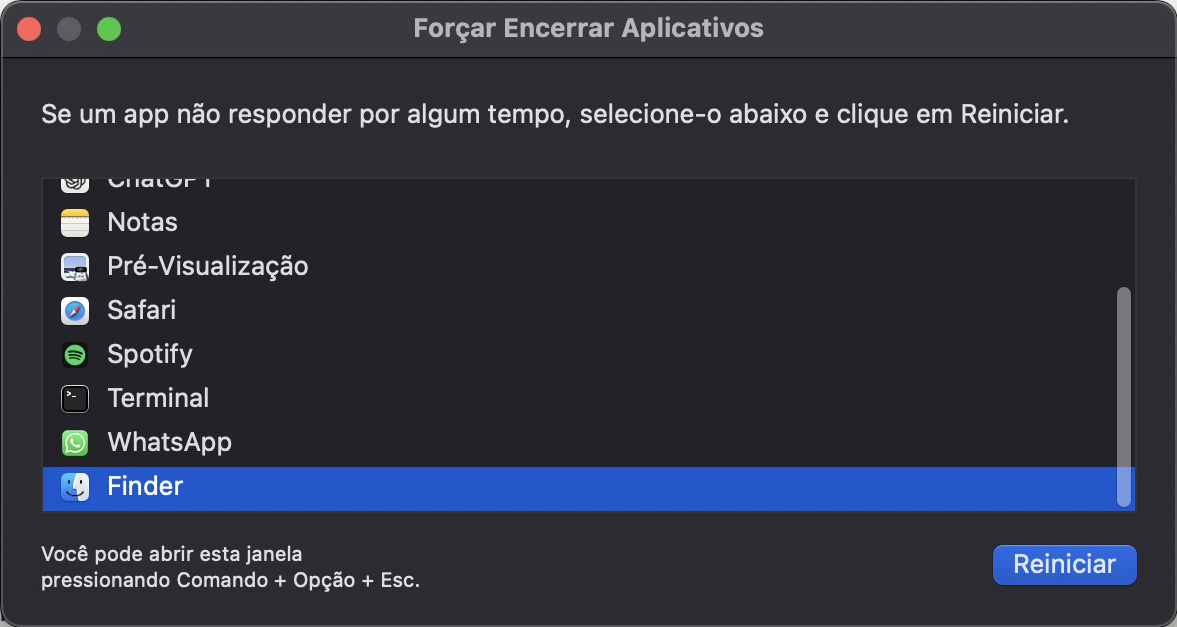 Para restaurar os ícones da área de trabalho, reinicie o Finder e o Mac. Depois de clicar no menu Apple na barra de menus e escolher a opção Forçar Encerrar, clique em Finder e pressione o botão Reiniciar.