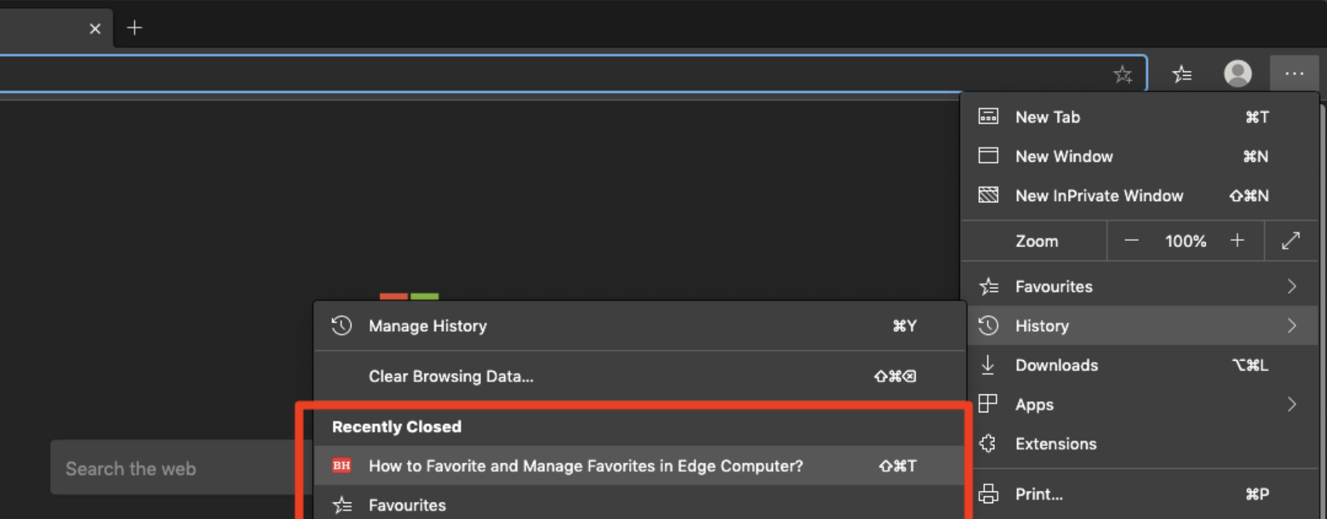 The process of reopening closed tabs in Microsoft Edge in Mac, is similar to the other three browsers–except this time you need to look for the three-dots in order to access History. Once you’ve done that, you can browse the Recently Closed list and click on the tabs you want to restore.