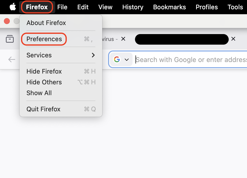 Open Firefox, click Firefox in the top menu bar, and choose Settings or Preferences to access browser privacy, security, and data management options.