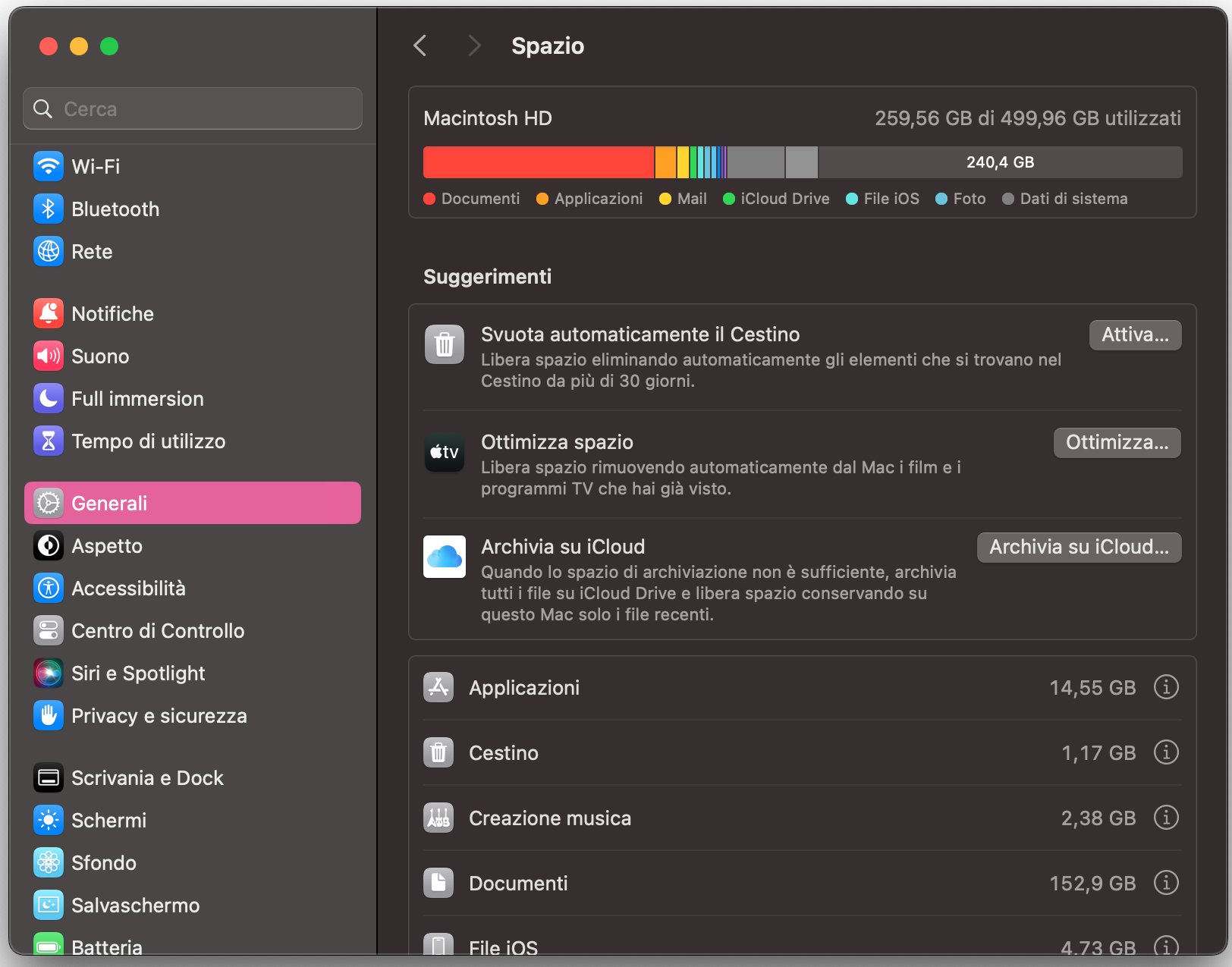 Controlla ogni categoria di Archiviazione per vedere come viene utilizzato il disco rigido.
