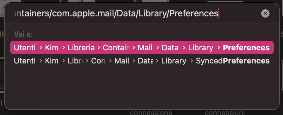 Dopo aver cliccato su Vai alla cartella, puoi inserire il seguente percorso nella casella di testo: ~/Library/Containers/com.apple.mail/Data/Library/Preferences.
