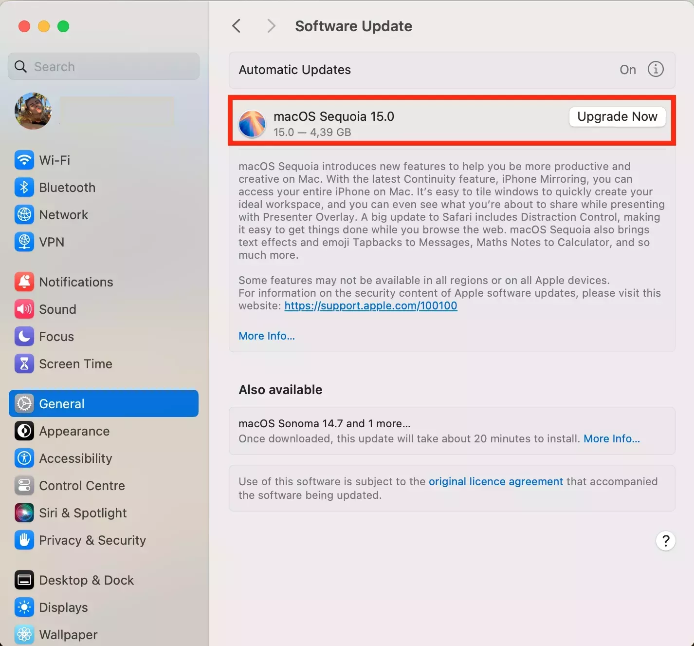 The General settings page is opened on a Mac. Click on Upgrade Now to update your Mac and fix the tccd process’ CPU consumption.
