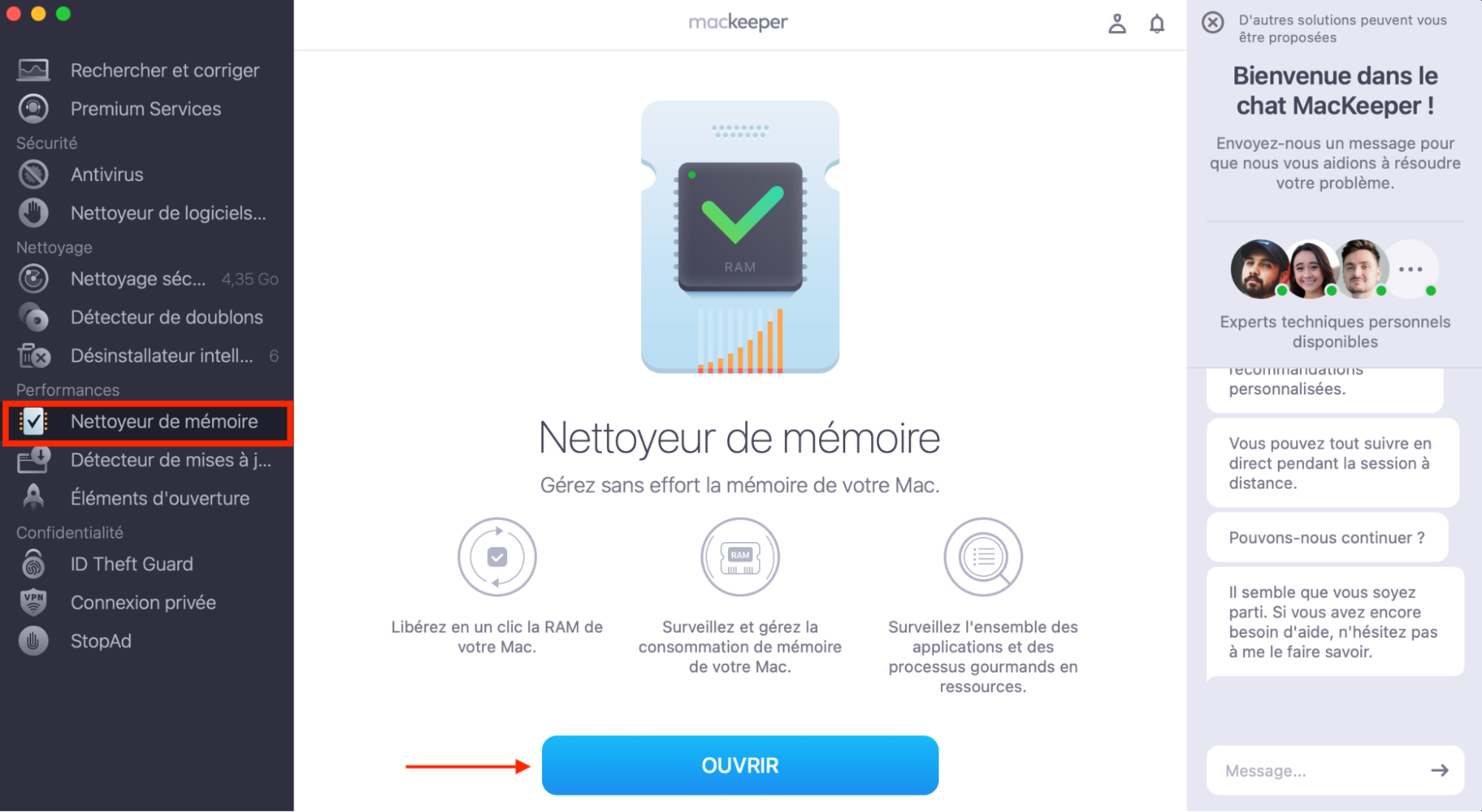 Utilisez MacKeeper pour optimiser l'espace de stockage de votre Mac en ouvrant le Nettoyeur de Mémoire.