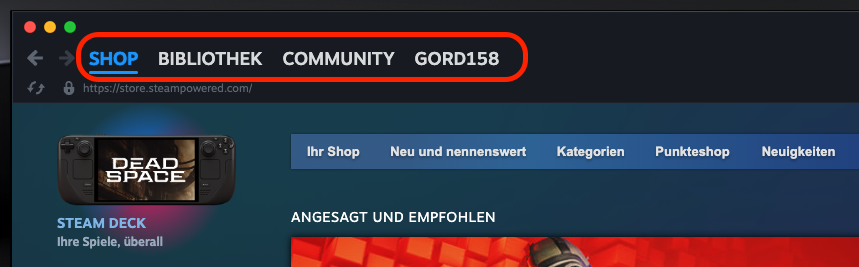 Steam-Anwendung für Mac mit den Registerkarten Shop, Bibliothek und Community. Klicken Sie je nach gewünschter Aktion auf die Registerkarte Shop oder Bibliothek, um fortzufahren.
