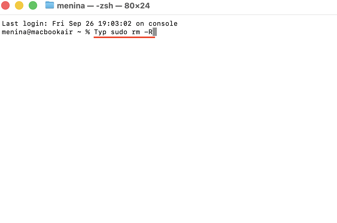 Terminal op de Mac met het commando sudo rm -R. Typ dit commando, druk op de spatiebalk en sleep vervolgens de bestanden die je geforceerd wilt verwijderen.