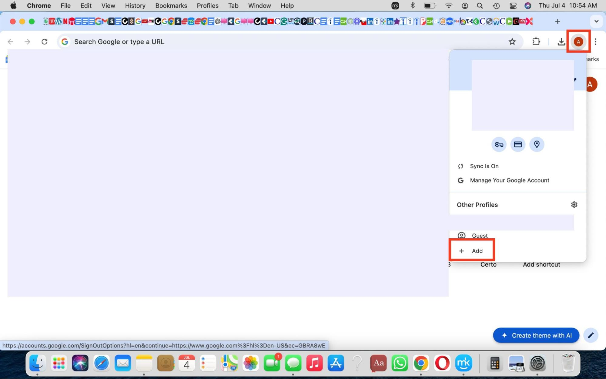 The Add option insider Chrome's settings menu on Mac. Click Add to sign ino a new account when you're trying to figure out how to get Google Chrome on Mac.