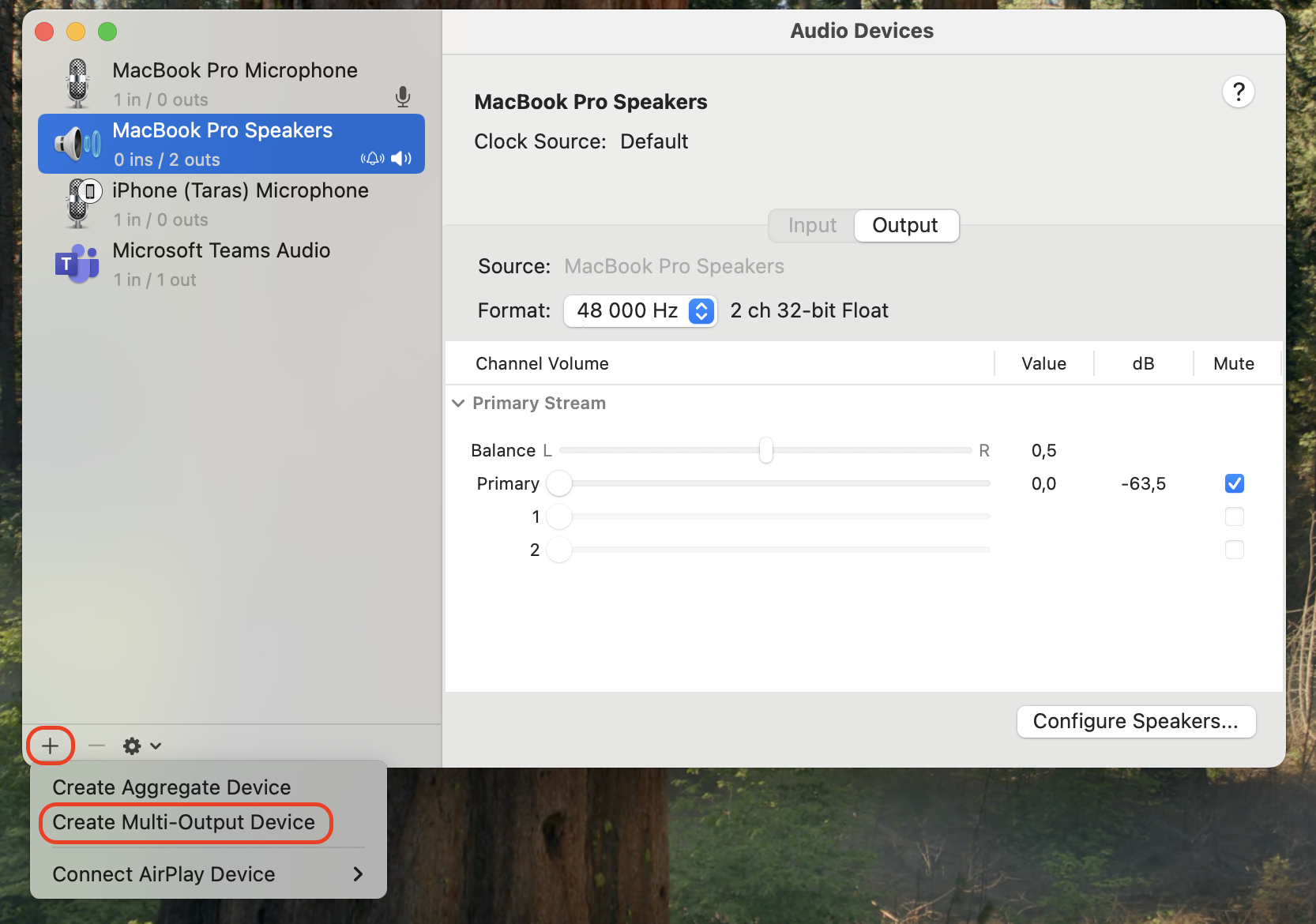 Open Audio MIDI Setup on your Mac, click the Add button at the bottom of the sidebar, and choose Create Multi-Output Device from the menu.
