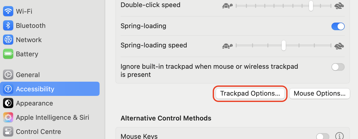 Selecting Trackpad Options within Pointer Control in System Settings to adjust how dragging, clicking, and trackpad gestures behave on your Mac.
