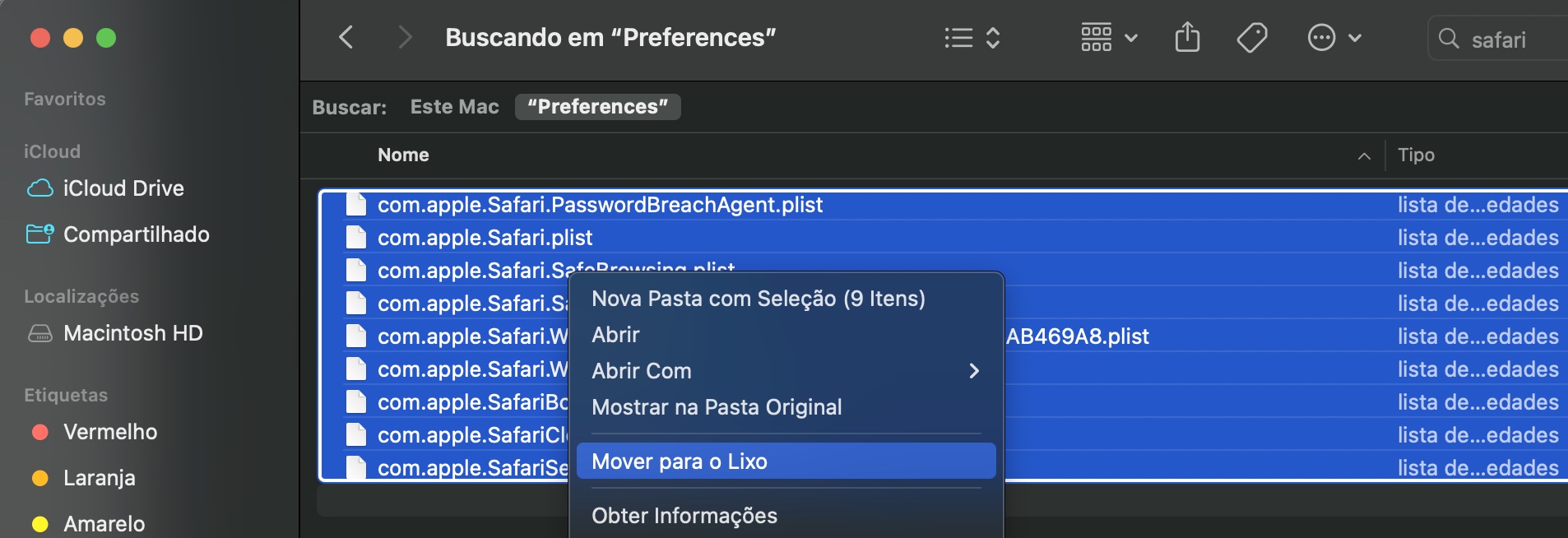 A pasta Preferences dentro do Finder no Mac. Selecione os arquivos que começam com com.apple.Safari e, em seguida, exclua-os.