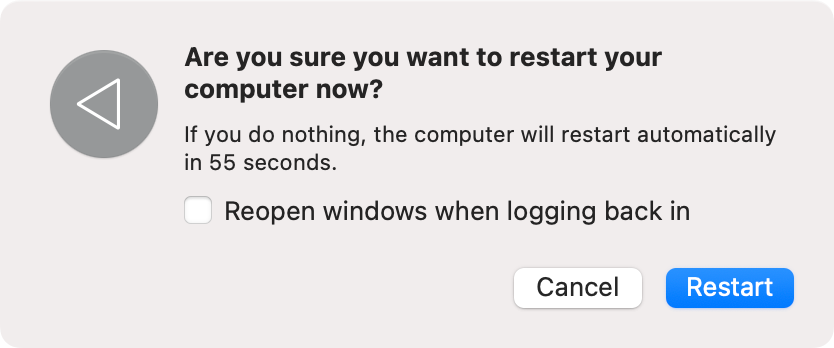 To reboot your Mac and resolve the Zoom.us error, click Restart again in the new window.