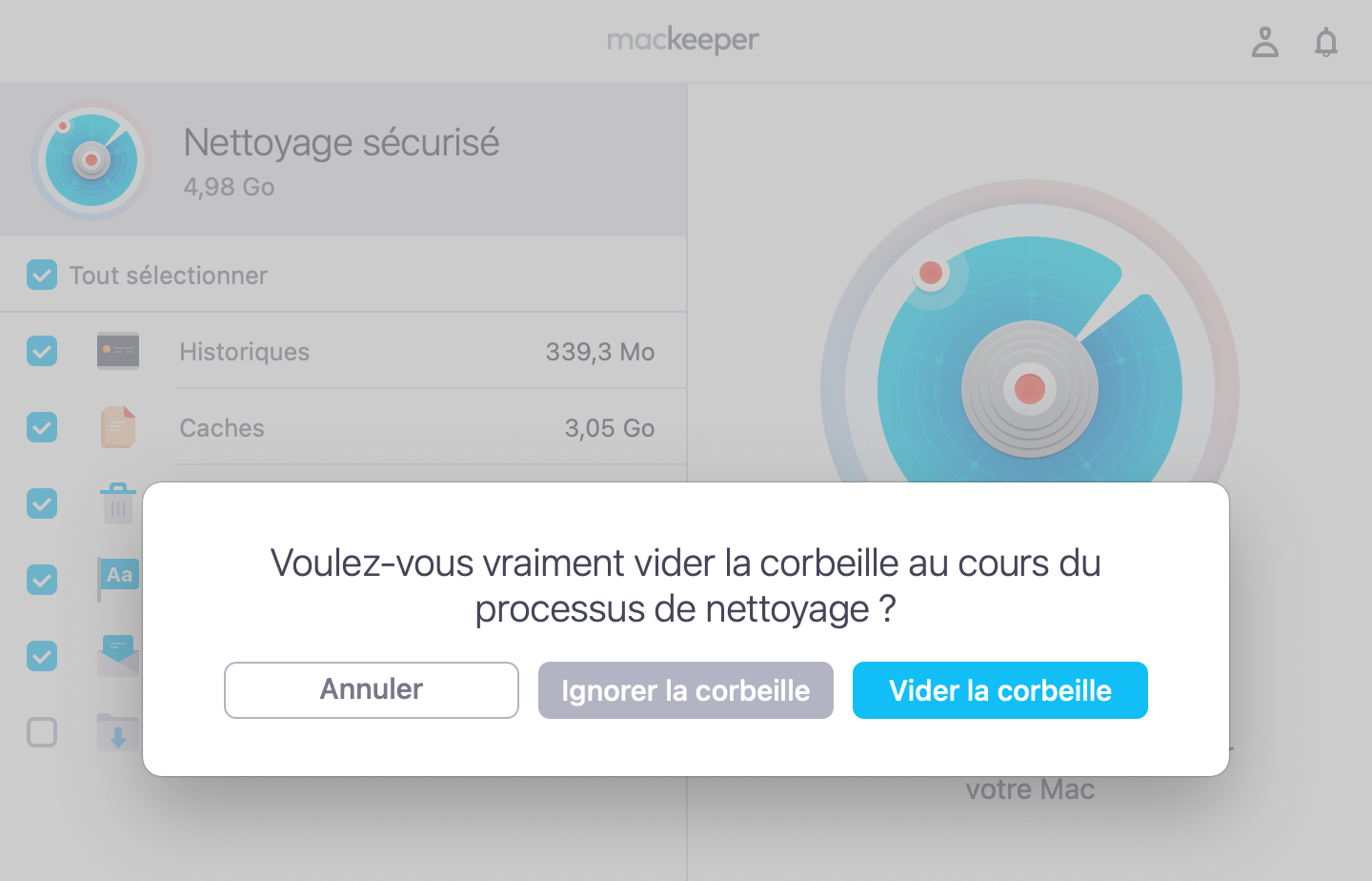 Sélectionnez Vider la corbeille dans une fenêtre contextuelle pour vider la Corbeille et supprimer les fichiers d’installation lors du nettoyage.