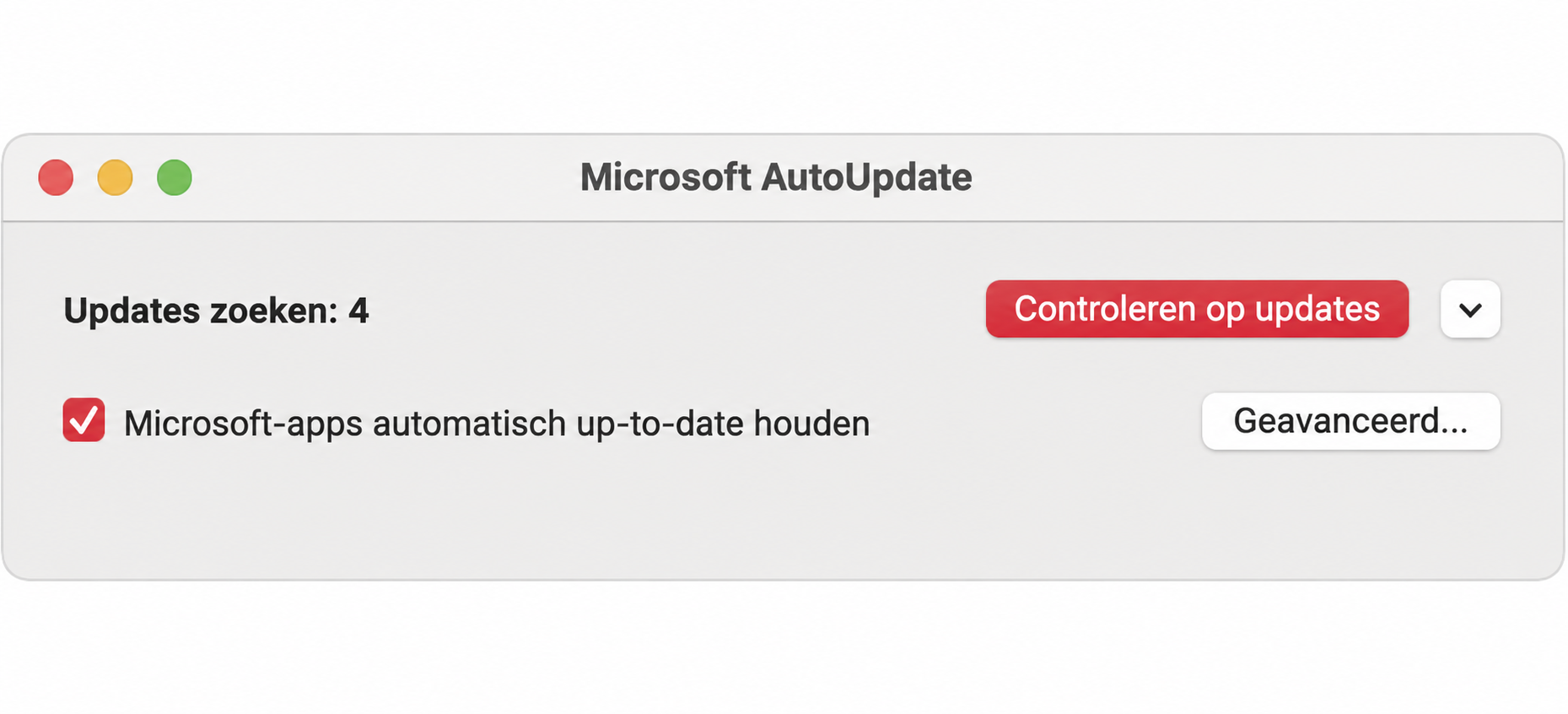 In het Microsoft AutoUpdate-venster ziet u een knop met 'Controleren op updates'. Klik hierop en de app zoekt naar updates.