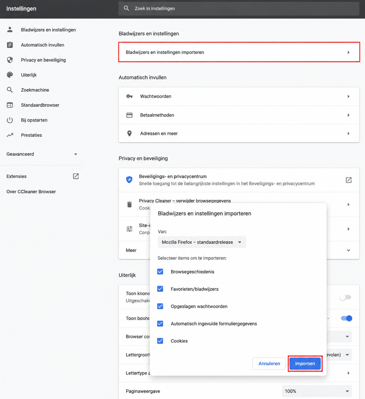 Met CCleaner kun je bladwijzers en andere gegevens importeren uit verschillende browsers. Ga naar de instellingen van de app, kies de gewenste browser en importeer je gegevens om het proces te starten.