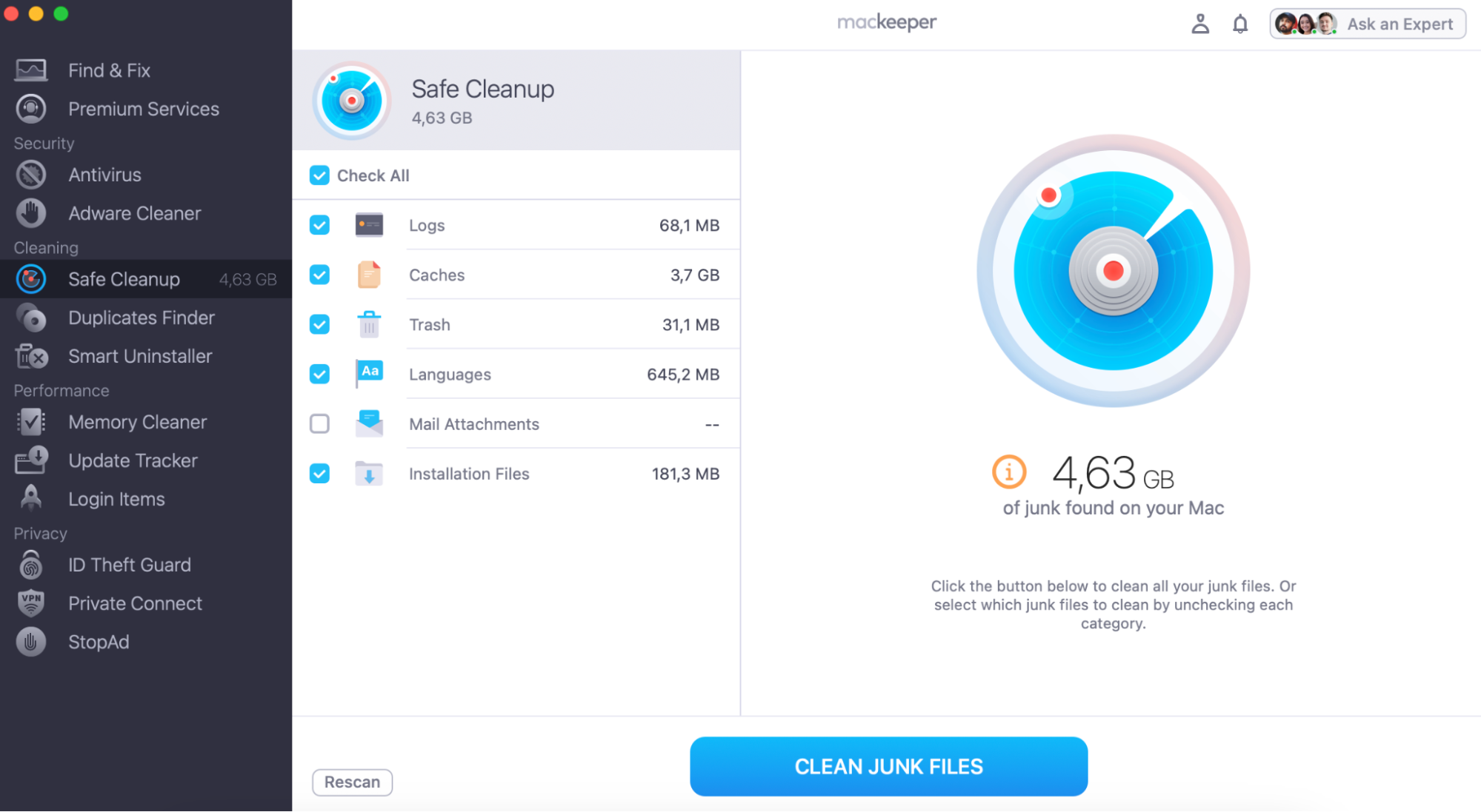 MacKeeper's Safe Cleanup allows you to delete various file categories in a safe and quick manner. To get rid of unnecessary files from your Mac, tick the boxes and click on Clean Junk Files.