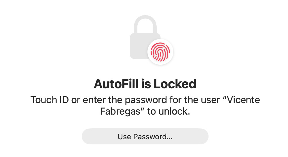 A password prompt on a MacBook unlocking saved credit cards in Safari AutoFill, so you can add payment details for iCloud Keychain to store.