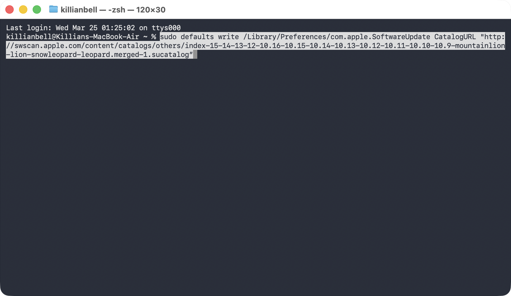 A command for changing the catalogURL in Terminal on Mac. Try using this command to fix the NSURLErrorDomain error -1012 message in macOS.