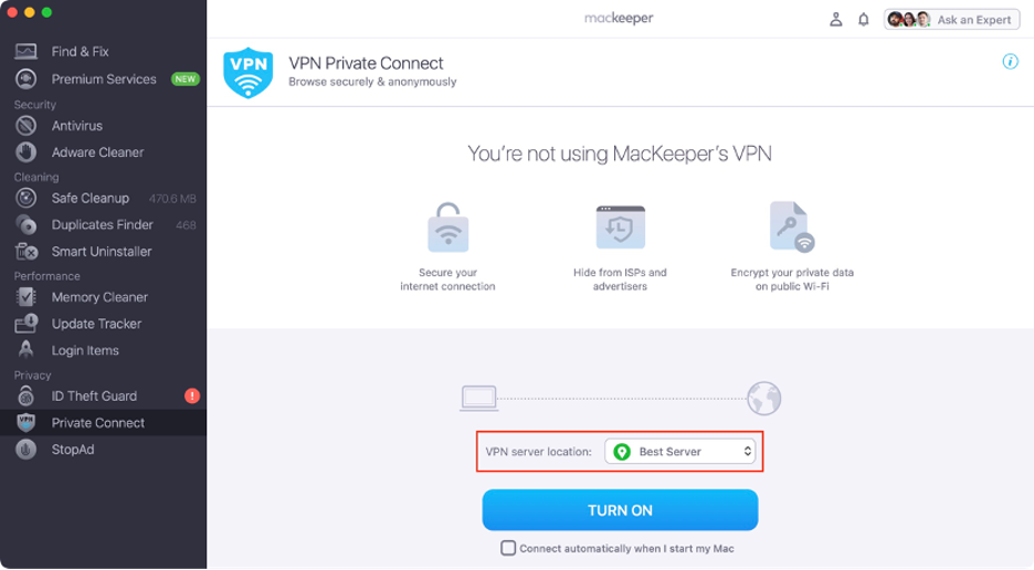 To protect your Mac’s privacy when connecting to public Wi-Fi networks, unfold the VPN server location dropdown menu.