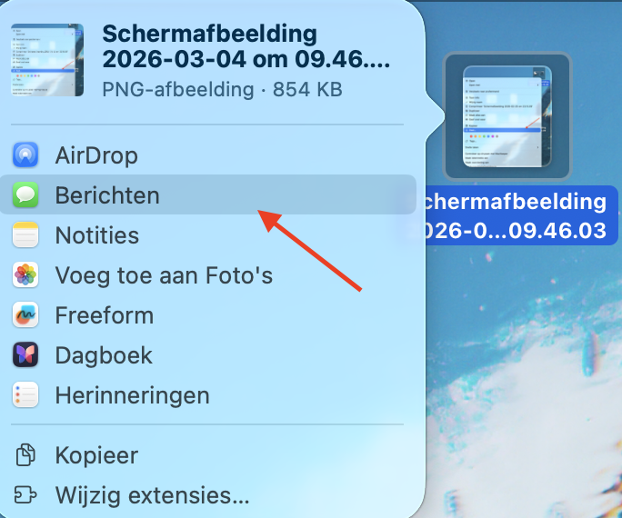 Het Deel-menu op Mac met alle deelopties. Selecteer Berichten om gegevens van Mac naar Mac over te zetten via iMessage.
