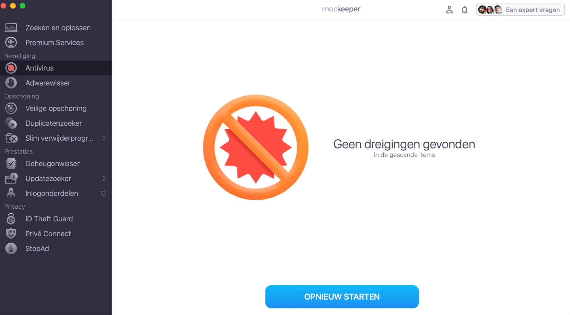 De Antivirus van MacKeeper toont bedreigingen als die tijdens de scan worden gevonden. Verwijder ze of plaats ze in quarantaine.