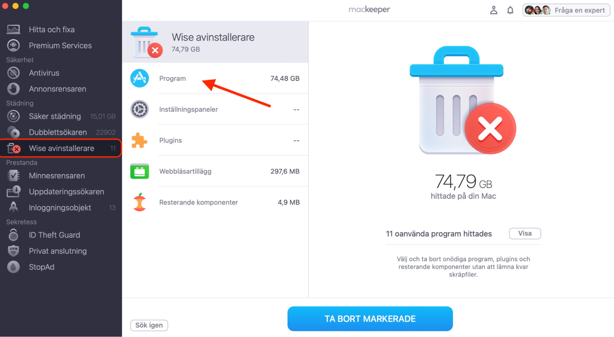 MacKeeper på Mac visar verktyget Wise avinstallerare. Klicka på Program för att se en lista över alla appar du kan ta bort från din Mac.