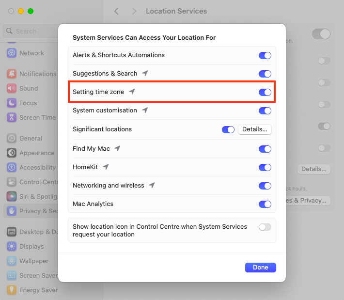 The Setting time zone option in Location Services on Mac. When you find set date and time automatically on Mac is not working, make sure this feature is on so your Mac can recognize which time zone it's in.