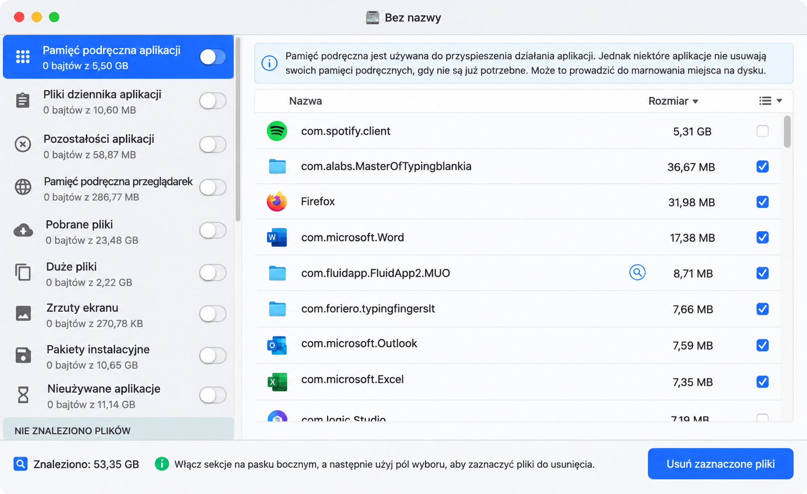 Okno Disk Doctor Pro pokazuje listę plików pamięci podręcznej, starych pobranych plików i innych zbędnych plików, które można usunąć, aby zwolnić miejsce na Macu.