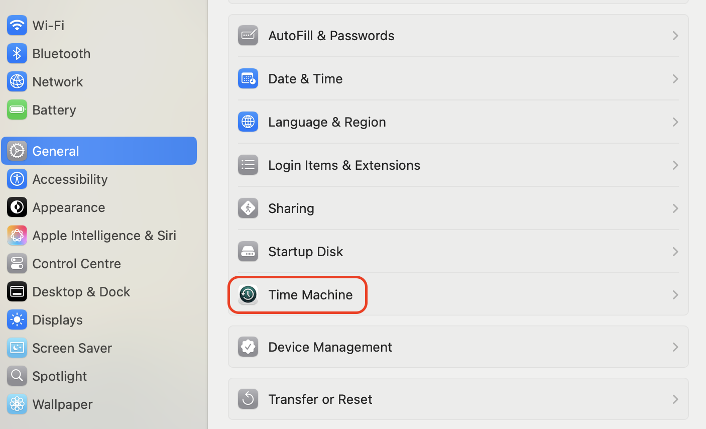 In macOS Sequoia, head to System Settings on your Mac, click General in the sidebar, and open Time Machine to configure your backup disk before downgrading.