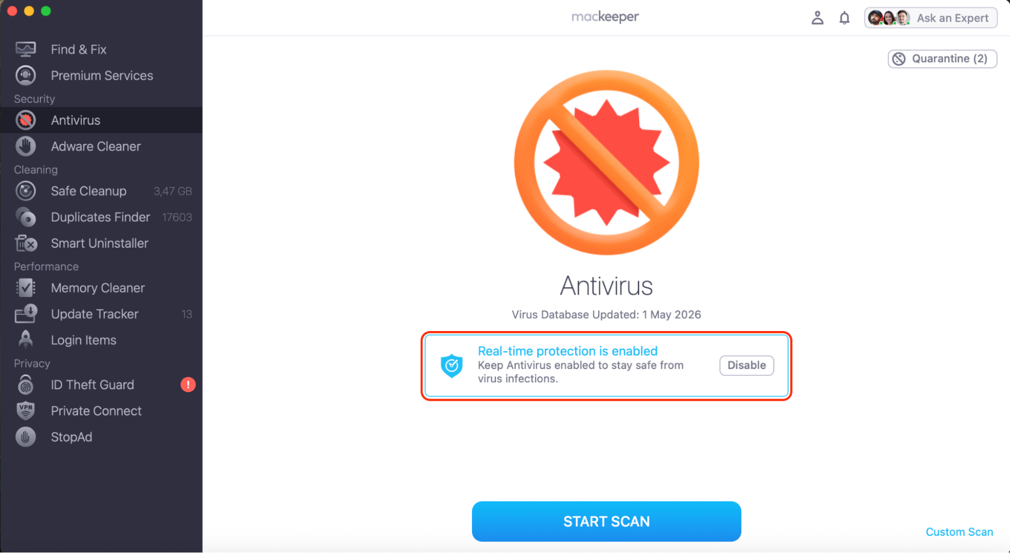 Open the Antivirus section in MacKeeper and switch the Real-Time Protection toggle to the Off position to pause active background scanning.