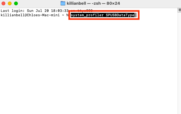 A command in Terminal on Mac that lists all USB devices. To see all USB accessories connected to your system, enter this command and then check the list to see which peripherals are recognized.
