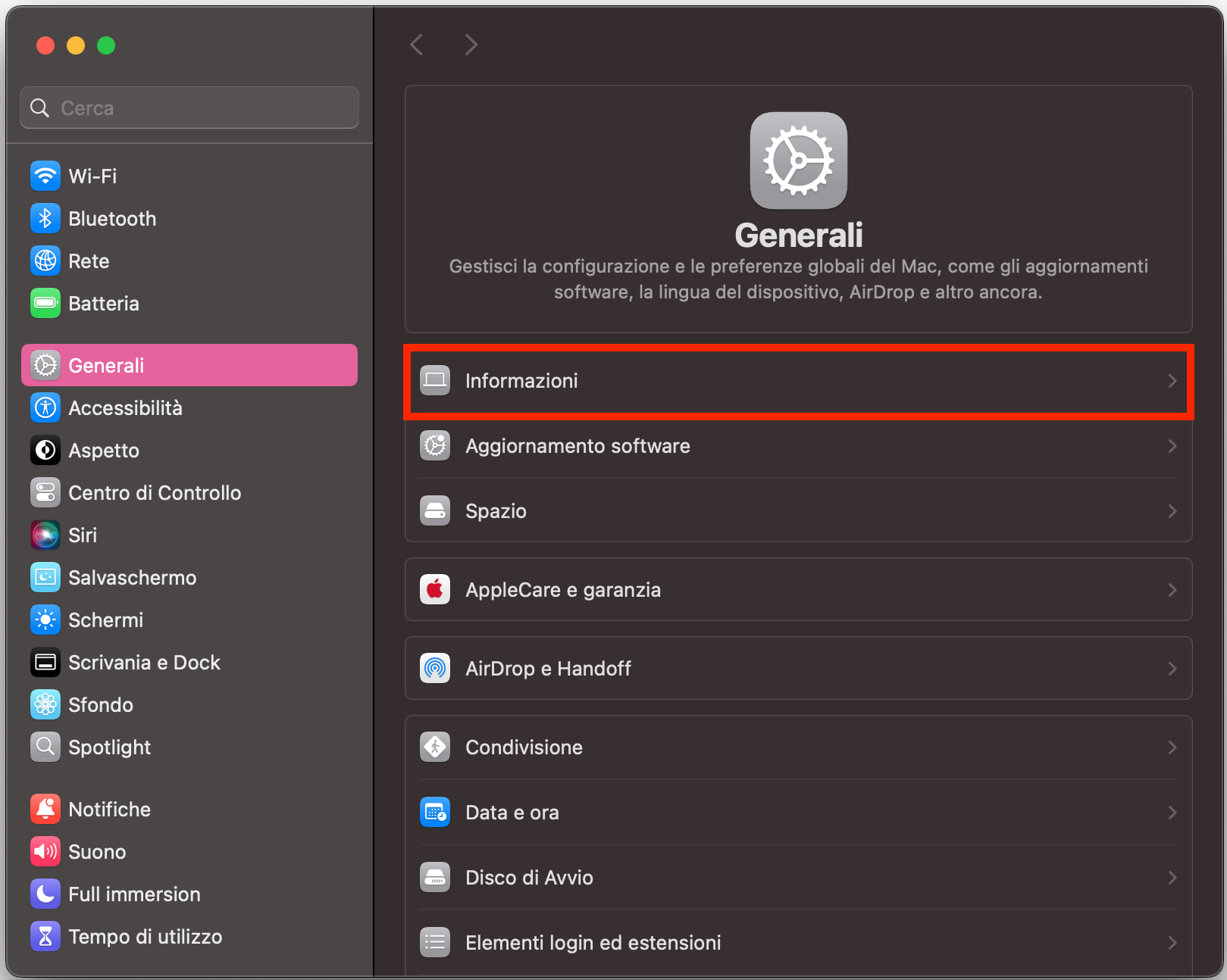 Impostazioni sul Mac mostra il menu Generali. Fai clic su Informazioni per accedere ad altre informazioni sul tuo Mac.