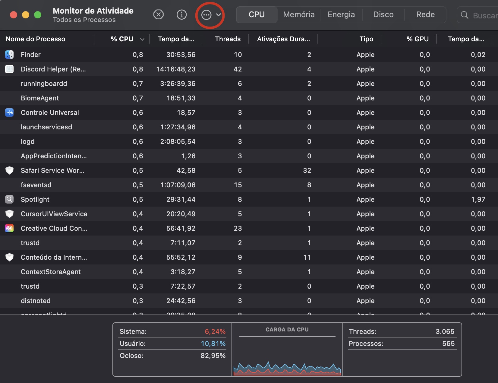 Outro método de usar o Monitor de Atividade no seu notebook Apple é gerar relatórios de diagnóstico, o que requer que você clique no ícone de três pontos