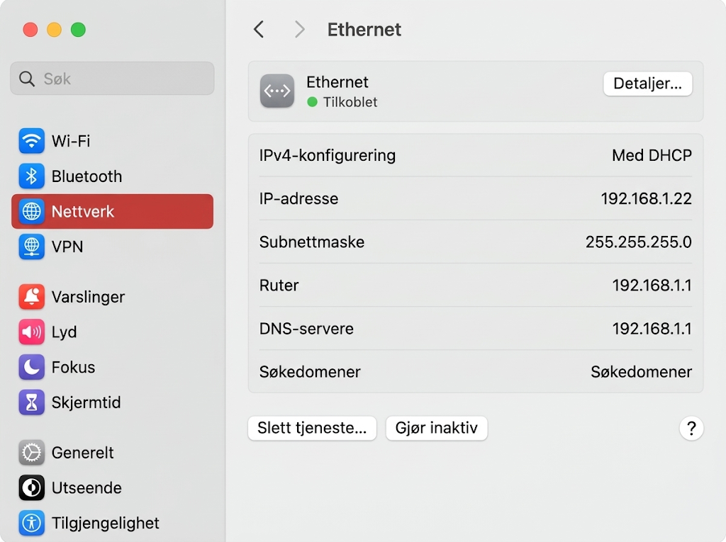 Du vil nå se detaljer om Macens internettforbindelse, inkludert de gjeldende DNS-innstillingene. Klikk på 'Detaljer'-knappen for å endre disse innstillingene.