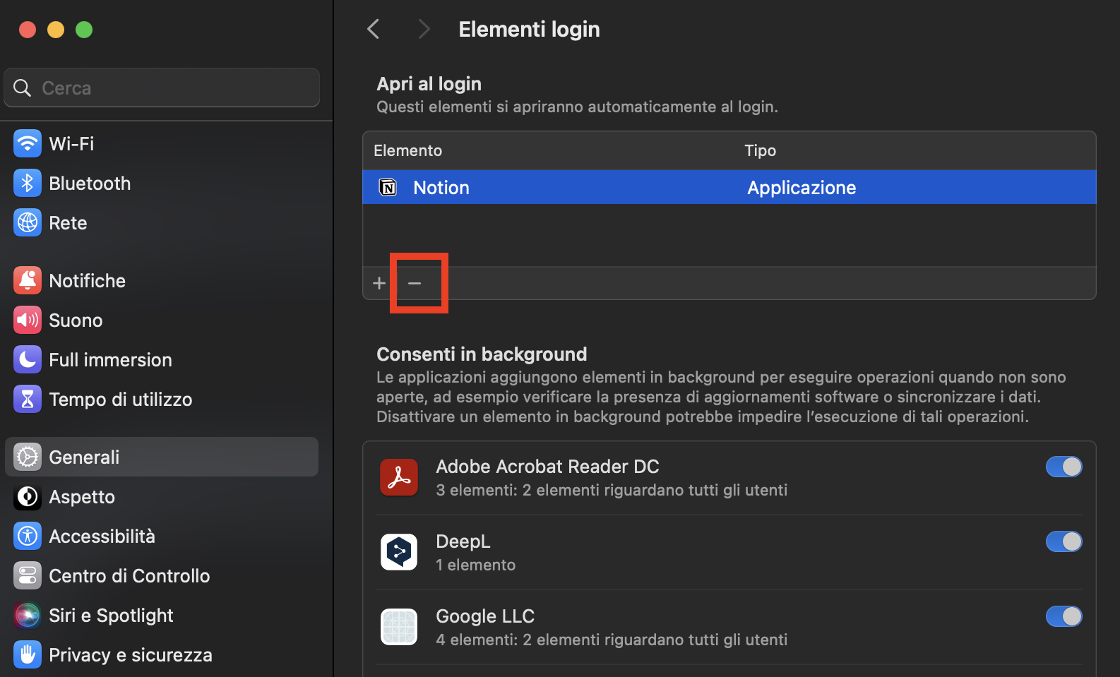 Nell'elenco Apri al login, seleziona l'elemento che desideri rimuovere. Quindi fai clic sul pulsante meno e l'elemento scomparirà. Non si avvierà più con macOS.