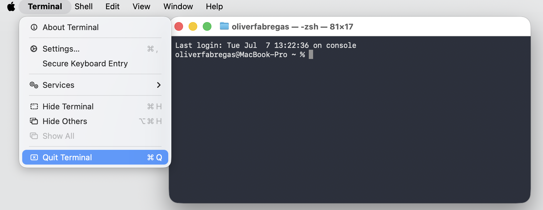 Terminal menu open on an Apple laptop with Quit Terminal highlighted, quitting the app so the Full Disk Access change takes effect.