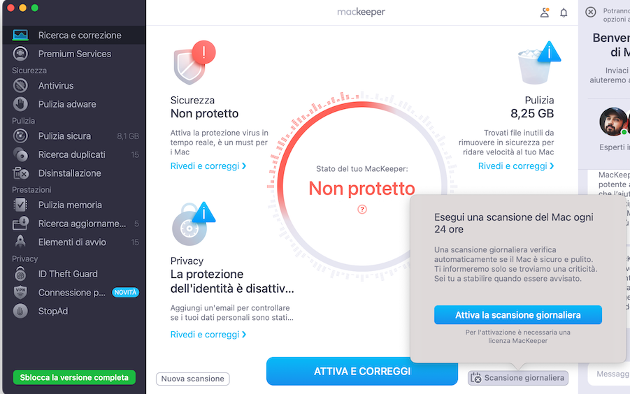 Puoi cliccare su Scansione giornaliera per ricevere notifiche se qualcosa non va.