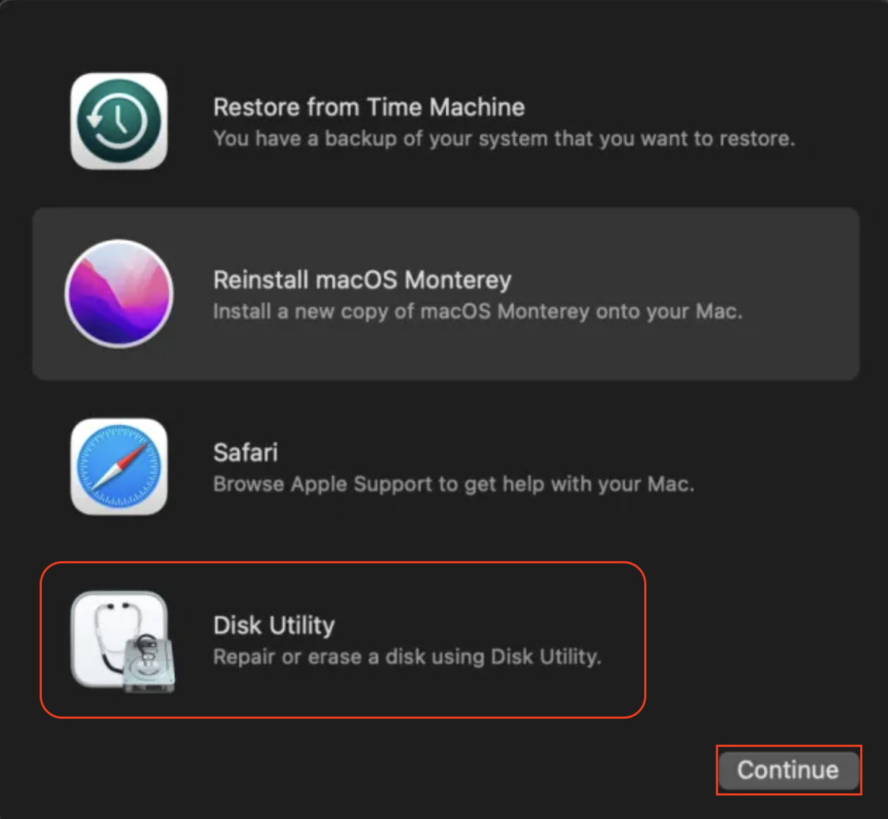 The Recovery app window appears on a Mac. Click on Disk Utility > Continue to reset your Mac via Recovery Mode, particularly macOS Monterey.